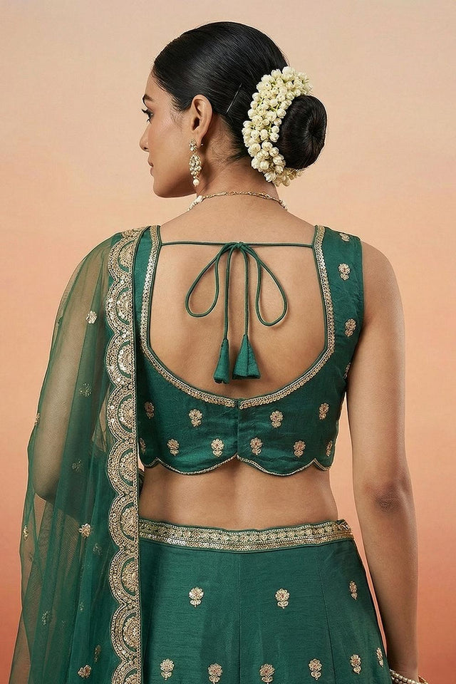 Turquoise Floral Embroidered Chinon Lehenga (ACA9586)