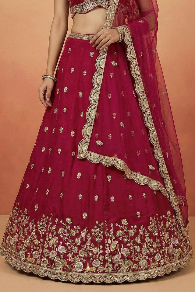 Pink Floral Embroidered Chinon Lehenga (ACA9587)