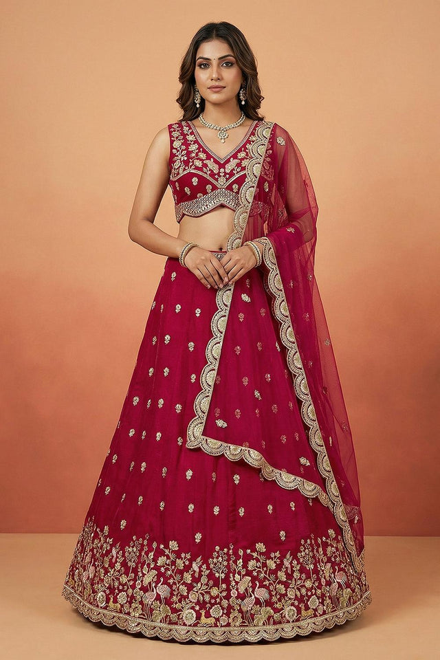 Pink Floral Embroidered Chinon Lehenga (ACA9587)