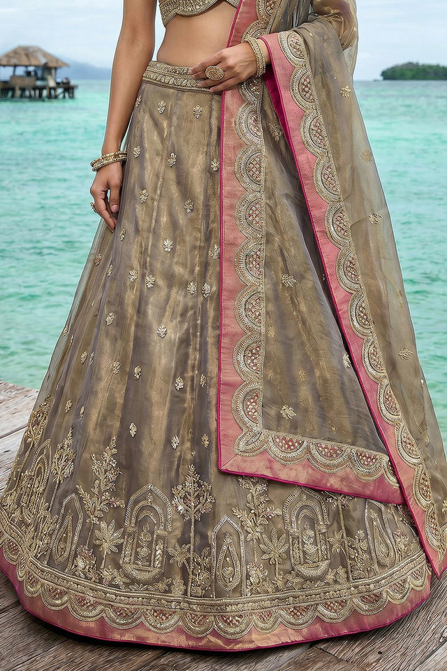 Brown Floral Embroidered Tissue Lehenga (ACA9588)
