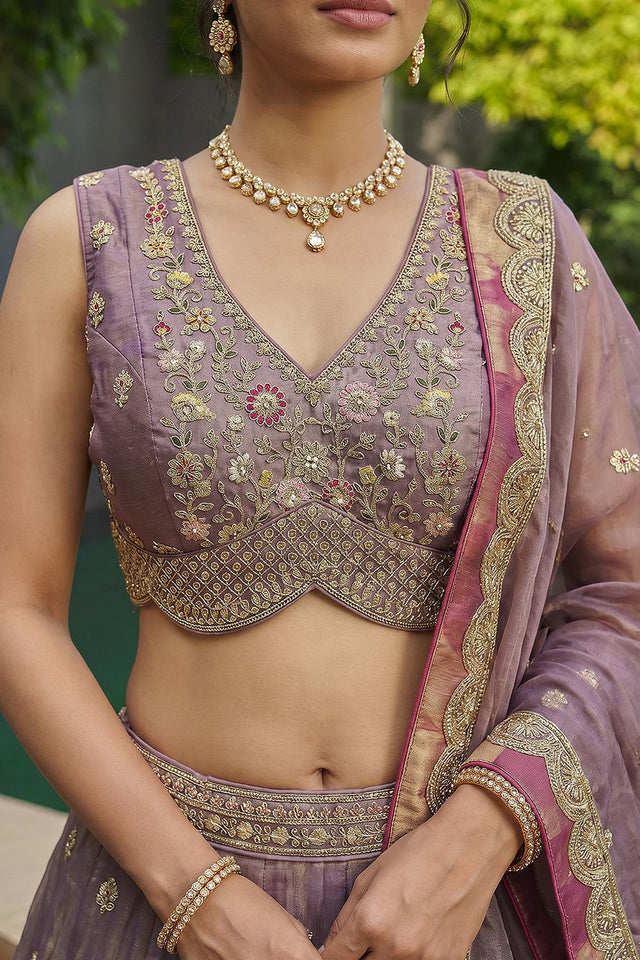 Mauve Floral Embroidered Tissue Lehenga (ACA9591)