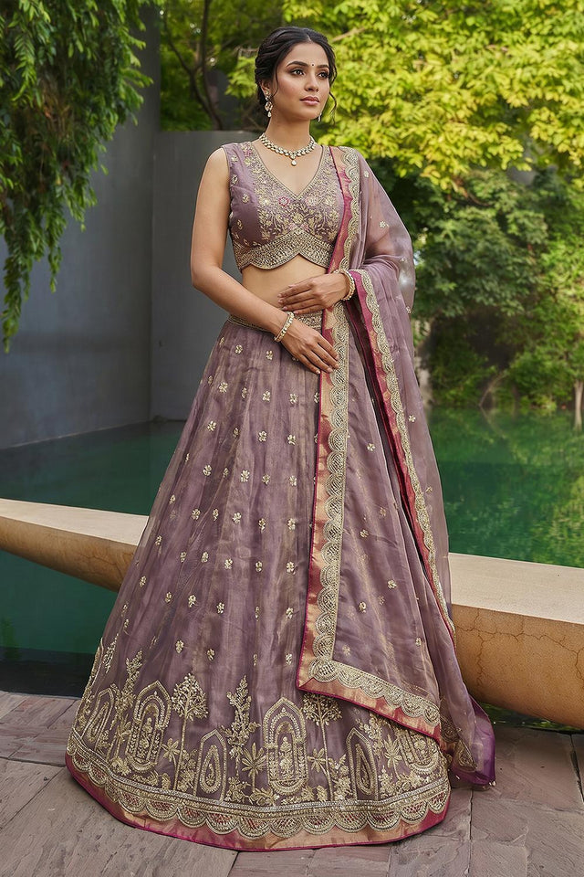 Mauve Floral Embroidered Tissue Lehenga (ACA9591)