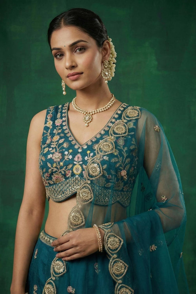 Turquoise Floral Embroidered Chinon Lehenga (ACA9594)