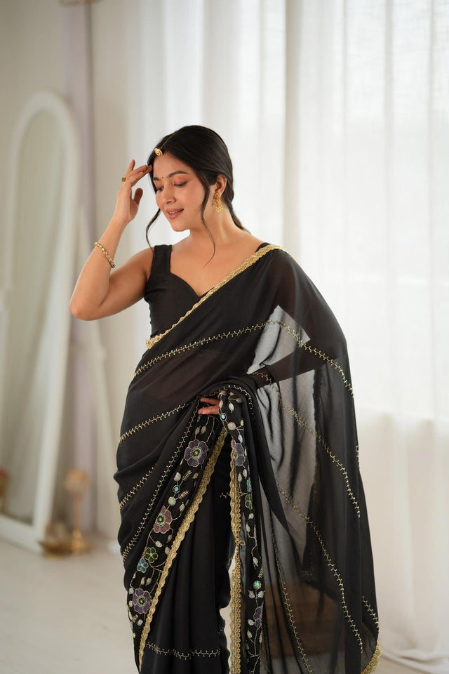 Black Floral Embroidered Georgette Saree (ACA9596)