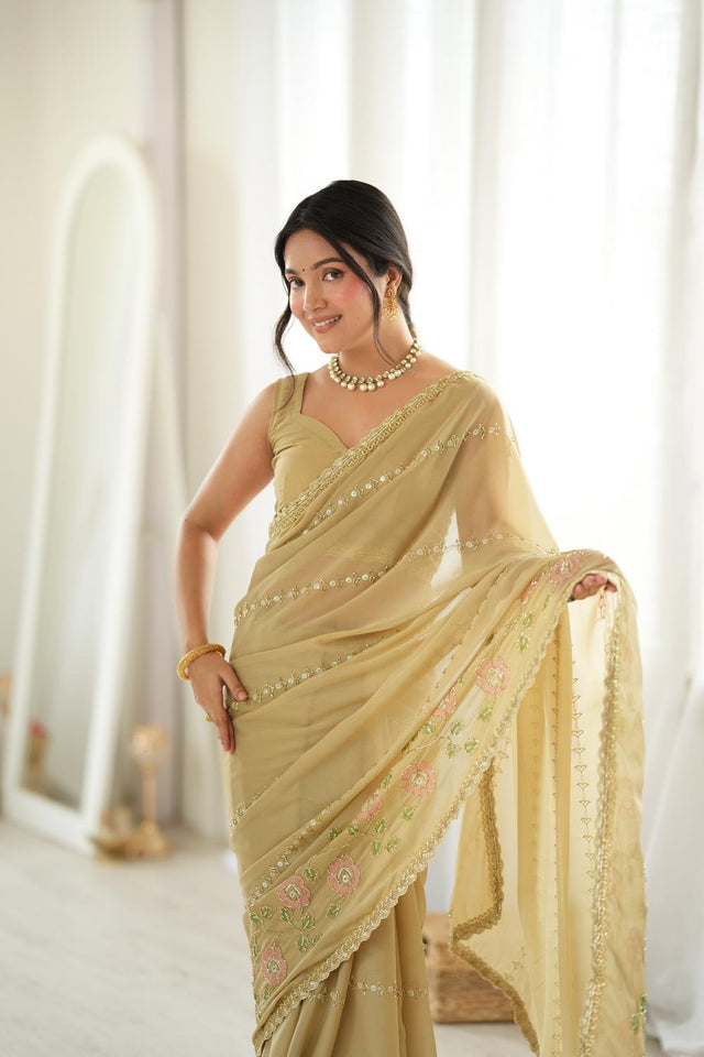 Beige Floral Embroidered Georgette Saree (ACA9597)