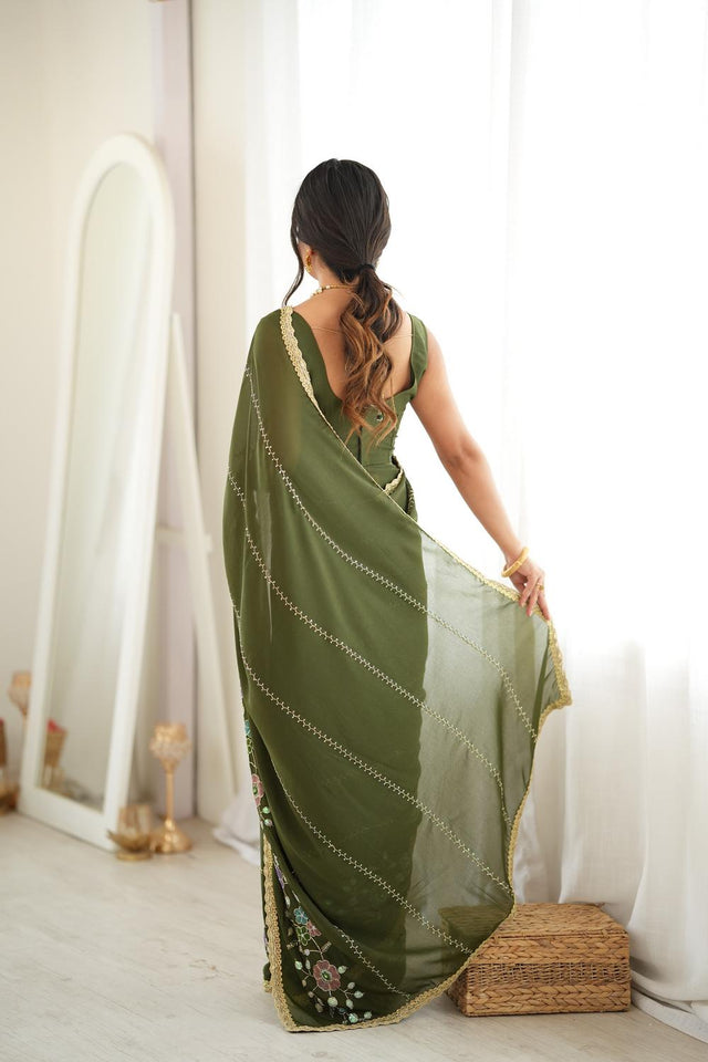 Mehendi Floral Embroidered Georgette Saree (ACA9598)