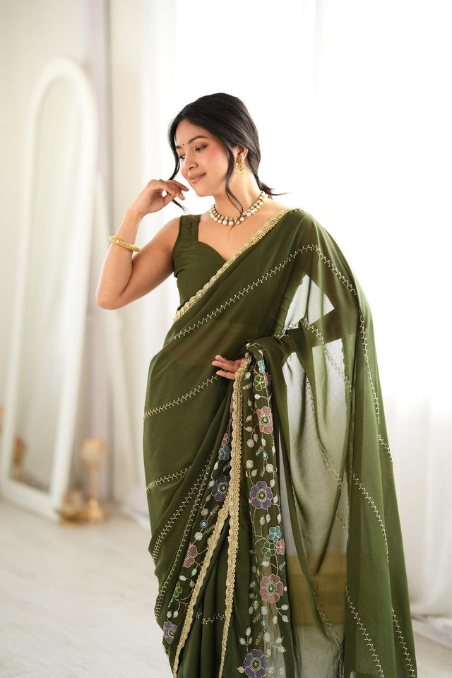 Mehendi Floral Embroidered Georgette Saree (ACA9598)