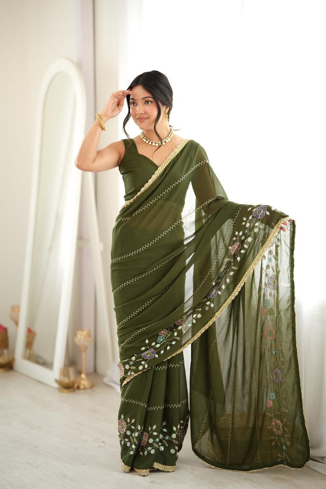 Mehendi Floral Embroidered Georgette Saree (ACA9598)