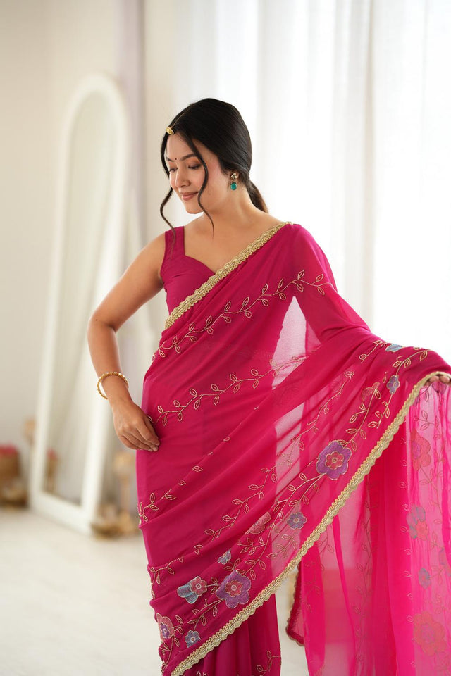 Pink Floral Embroidered Georgette Saree (ACA9601)