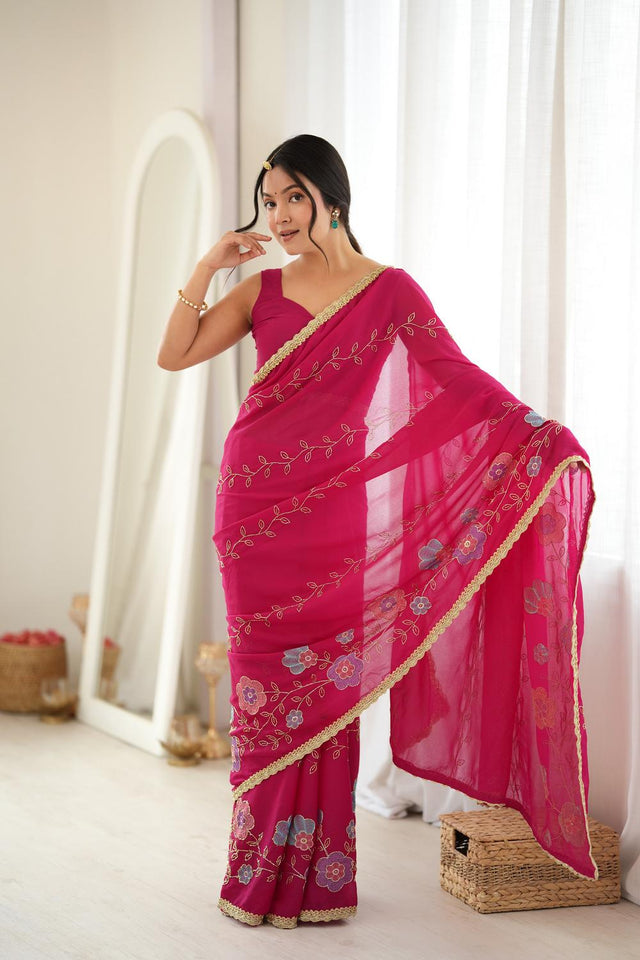 Pink Floral Embroidered Georgette Saree (ACA9601)