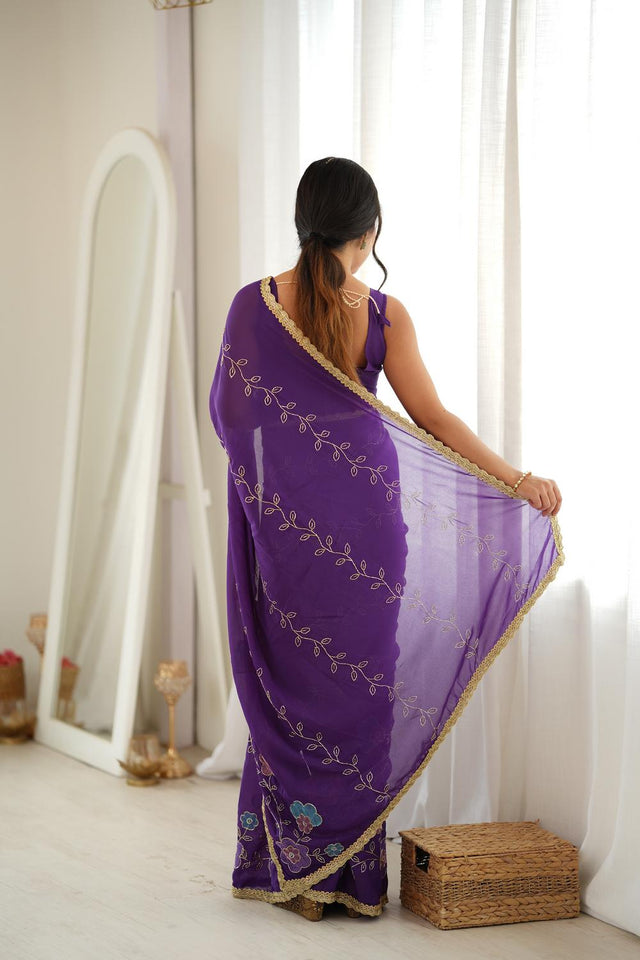 Purple Floral Embroidered Georgette Saree (ACA9603)