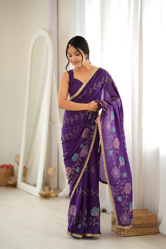 Purple Floral Embroidered Georgette Saree (ACA9603)