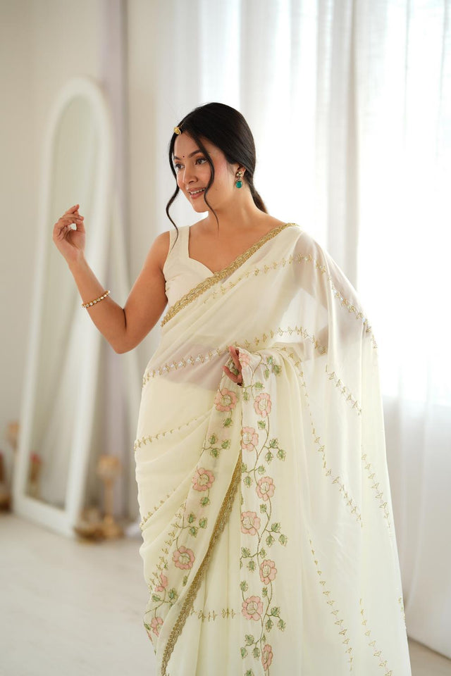 Off White Floral Embroidered Georgette Saree (ACA9605)