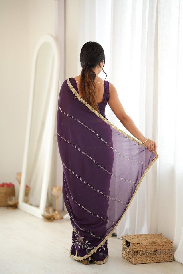 Wine Floral Embroidered Georgette Saree (ACA9606)
