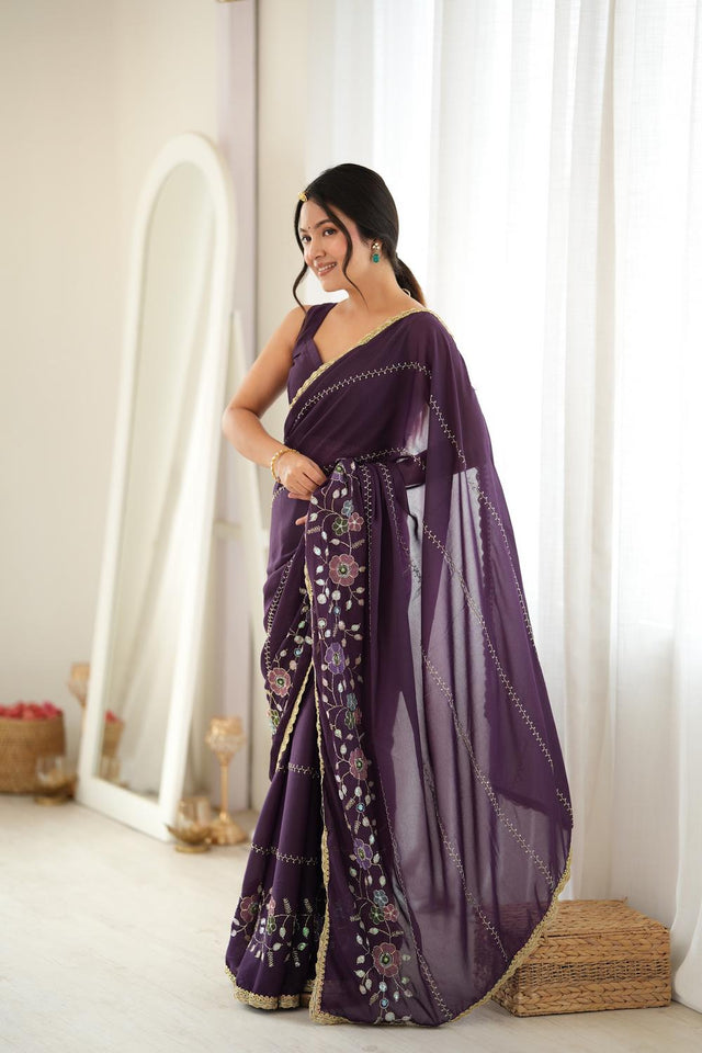 Wine Floral Embroidered Georgette Saree (ACA9606)