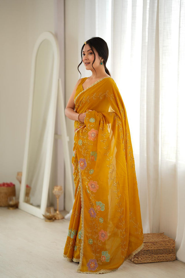 Yellow Floral Embroidered Georgette Saree (ACA9607)