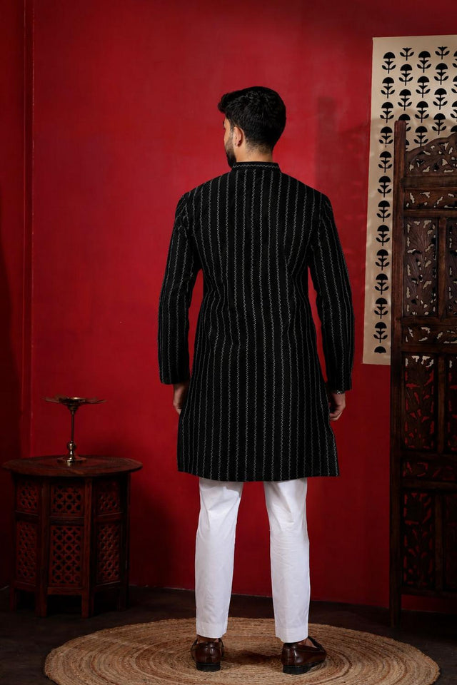 Mens Black Woven Cotton Kurta Set (ACA9608)
