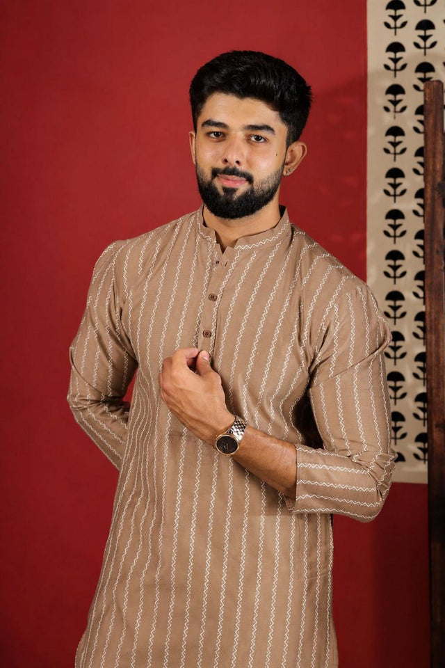 Mens Brown Woven Cotton Kurta Set (ACA9609)