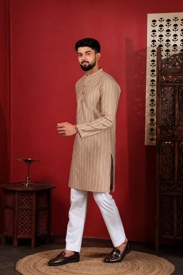 Mens Brown Woven Cotton Kurta Set (ACA9609)