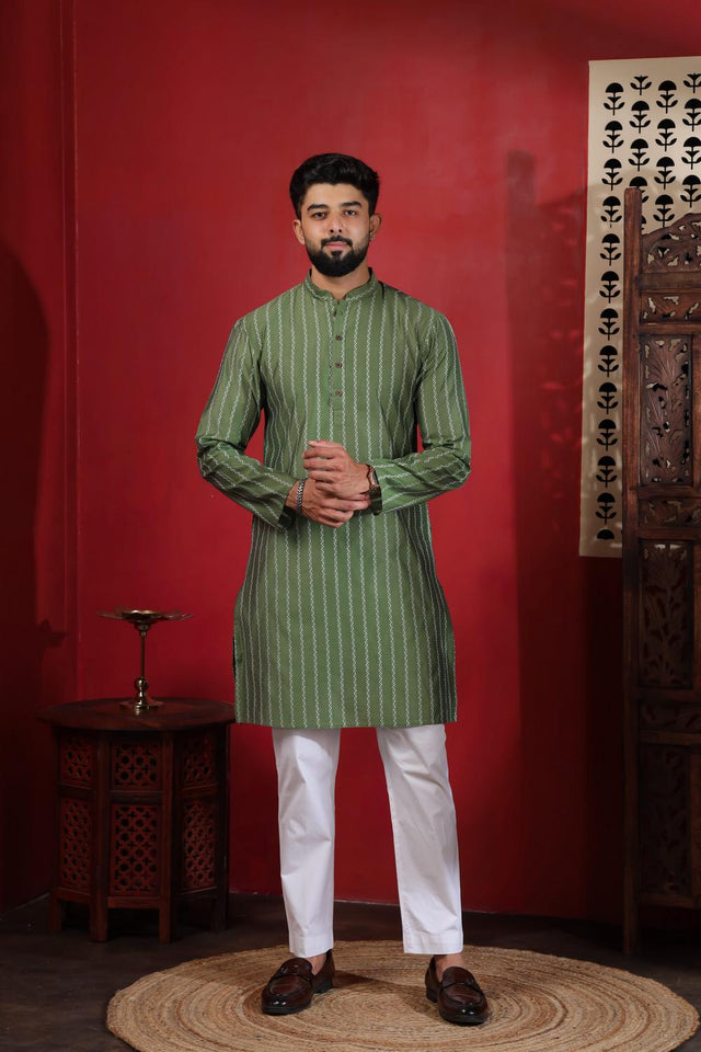 Mens Green Woven Cotton Kurta Set (ACA9613)