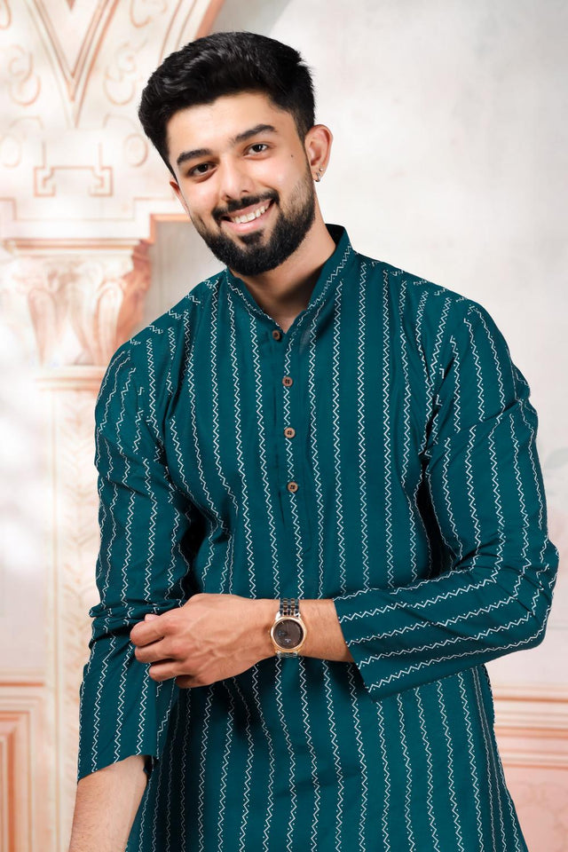 Mens Turquoise Woven Cotton Kurta Set (ACA9614)