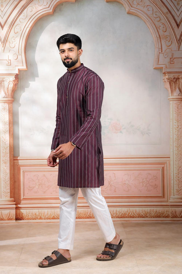 Mens Wine Woven Cotton Kurta Set (ACA9615)