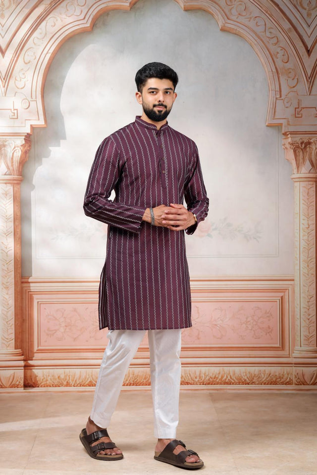 Mens Wine Woven Cotton Kurta Set (ACA9615)