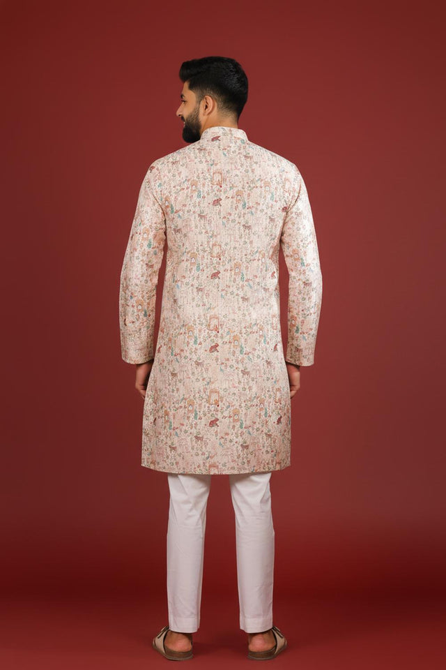 Mens Beige Printed Cotton Kurta Set (ACA9616)