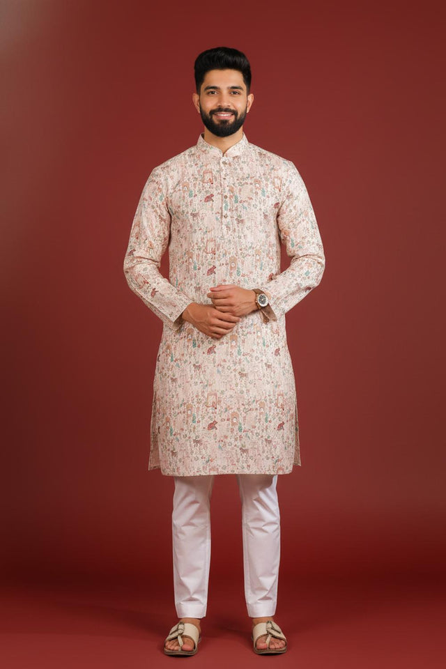 Mens Beige Printed Cotton Kurta Set (ACA9616)