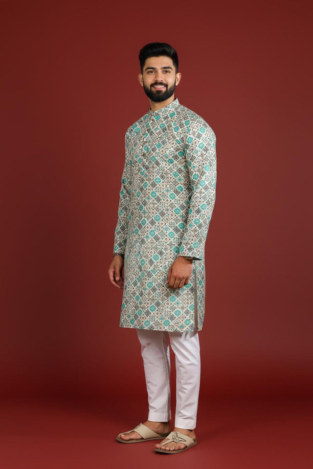 Mens Blue Printed Cotton Kurta Set (ACA9617)