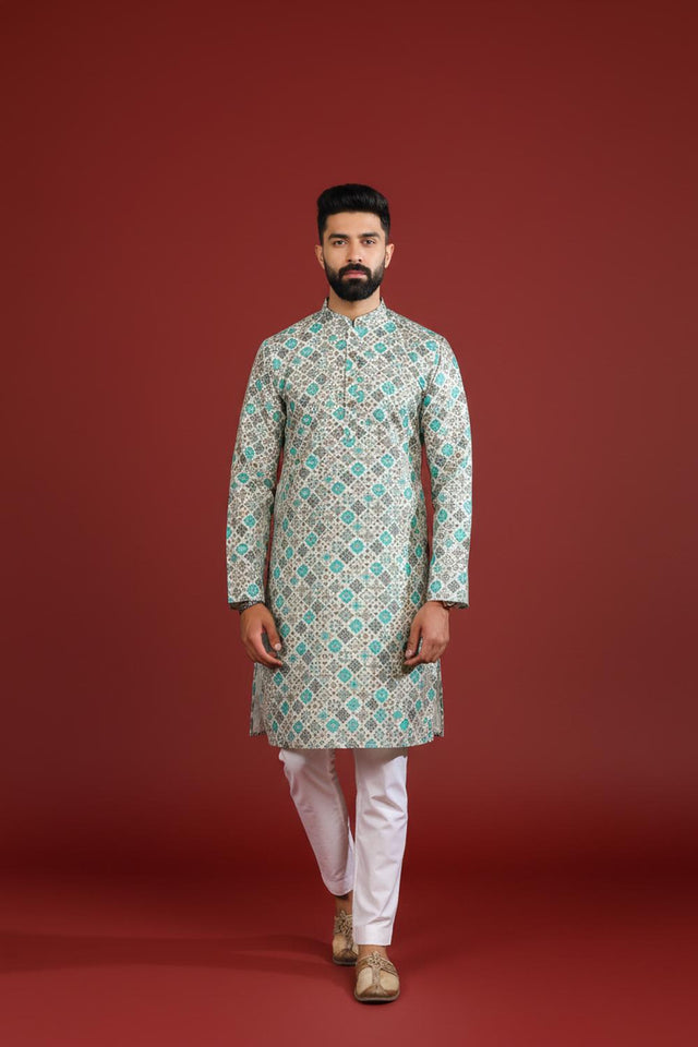 Mens Blue Printed Cotton Kurta Set (ACA9617)