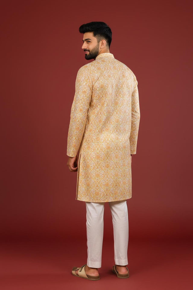 Mens Gold Printed Cotton Kurta Set (ACA9618)