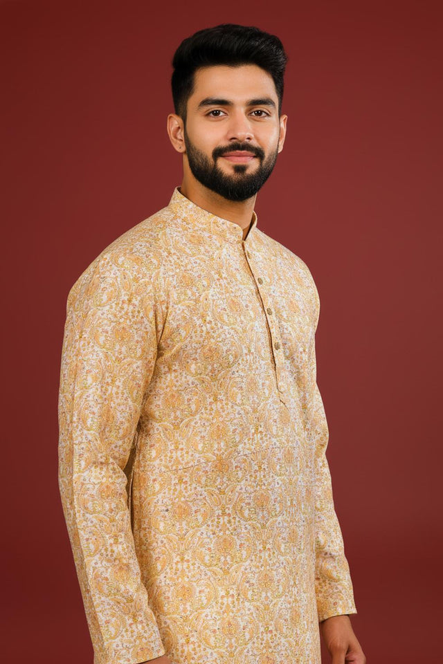 Mens Gold Printed Cotton Kurta Set (ACA9618)