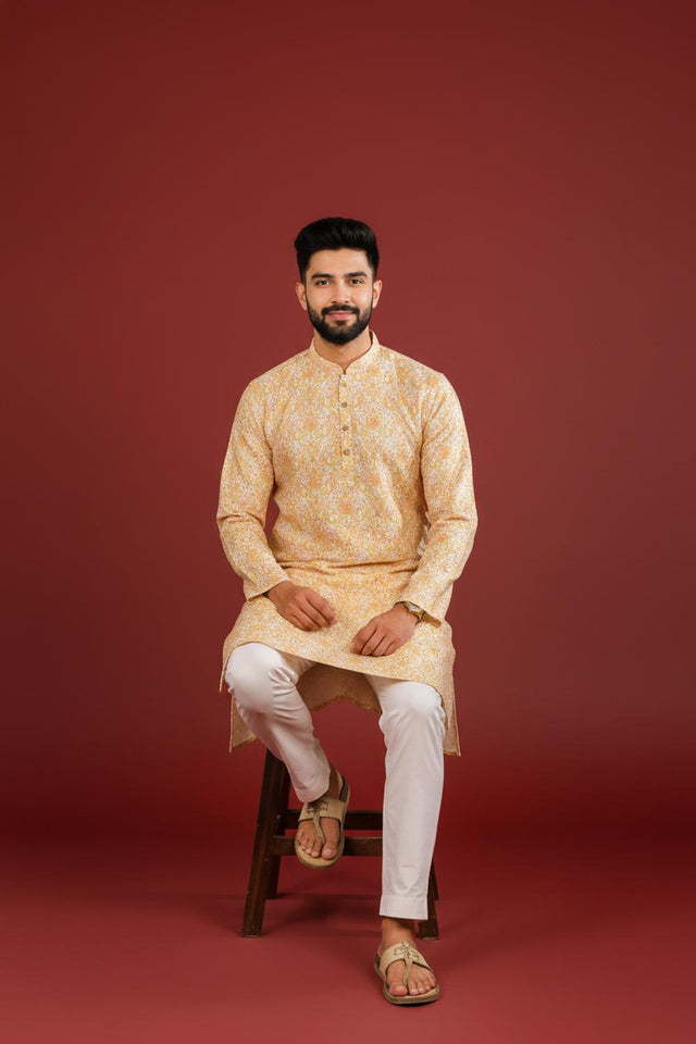 Mens Gold Printed Cotton Kurta Set (ACA9618)