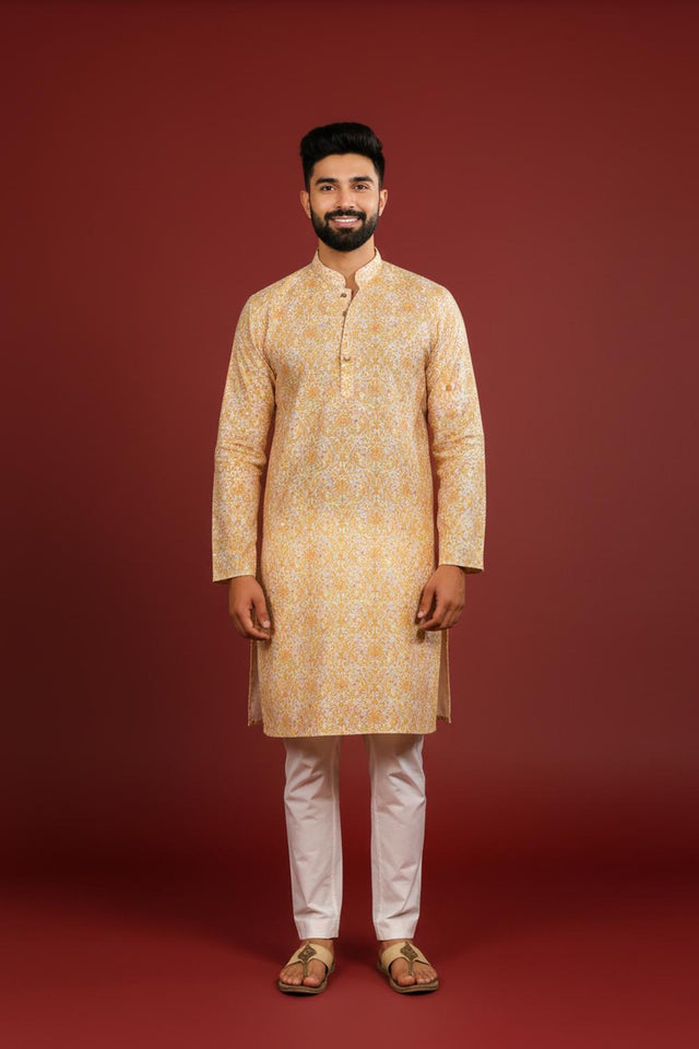 Mens Gold Printed Cotton Kurta Set (ACA9618)