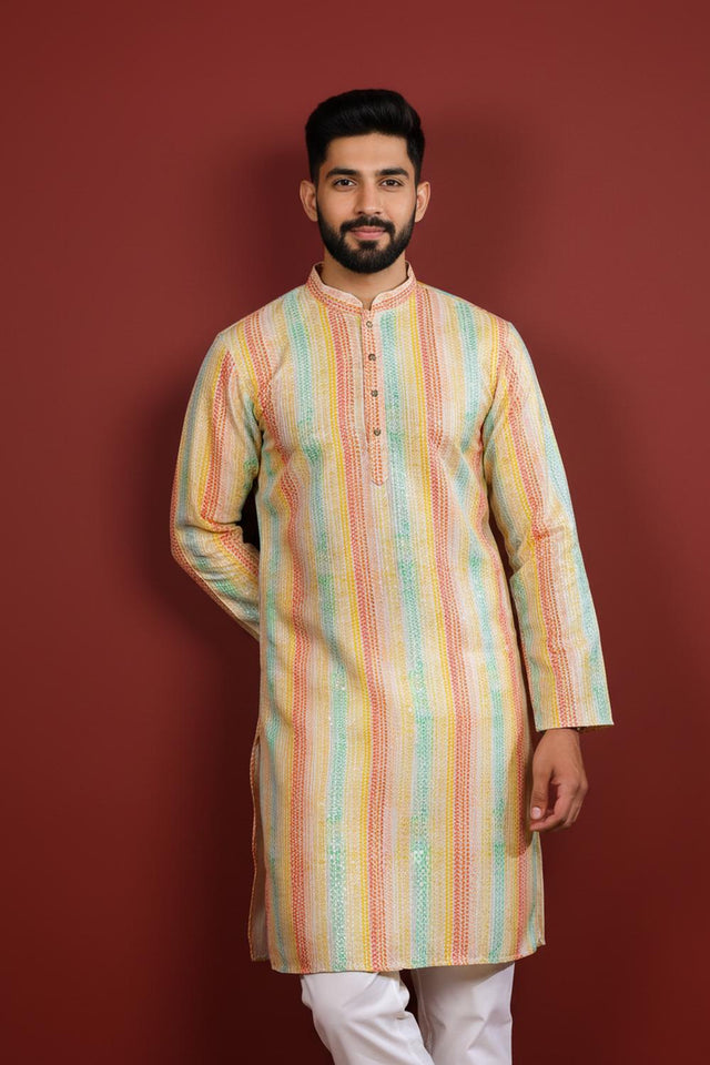 Mens Multi Color Printed Art Silk Kurta Set (ACA9619)