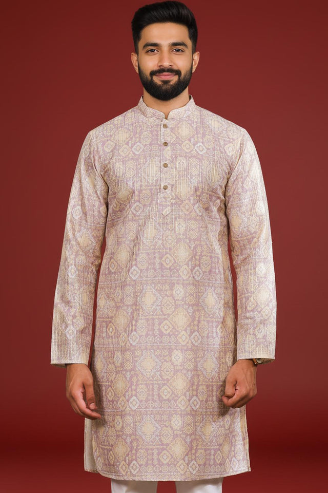 Mens Lavender Printed Art Silk Kurta Set (ACA9620)