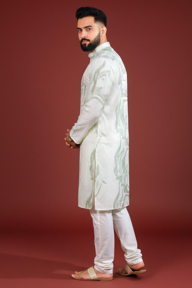 Mens Green Printed Art Silk Kurta Set (ACA9621)