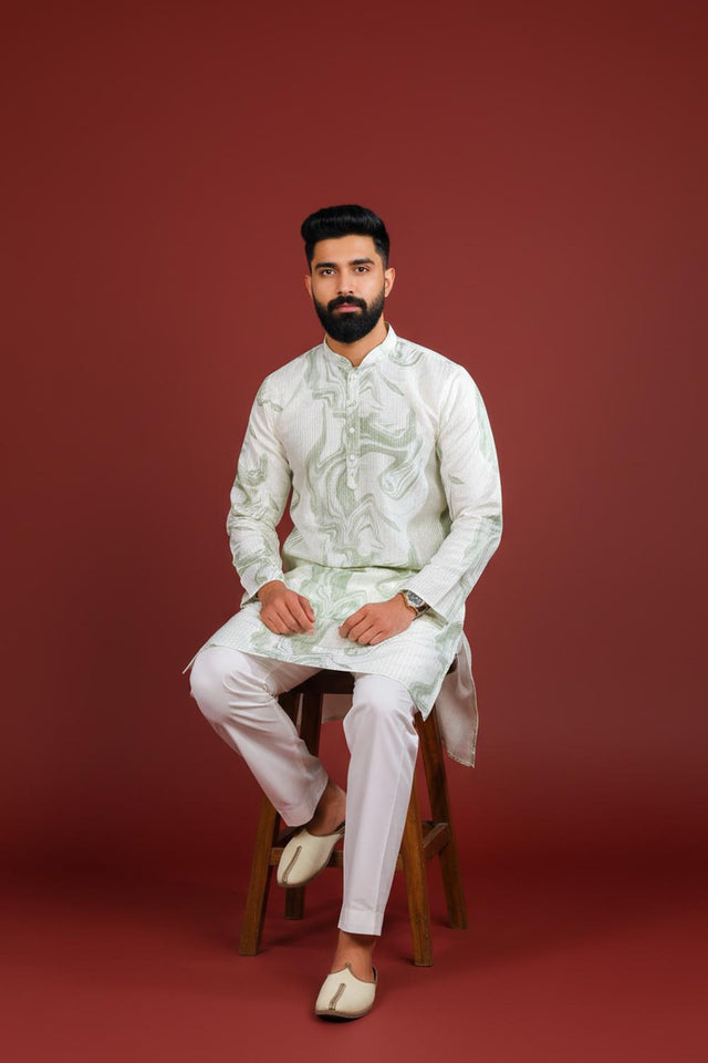 Mens Green Printed Art Silk Kurta Set (ACA9621)