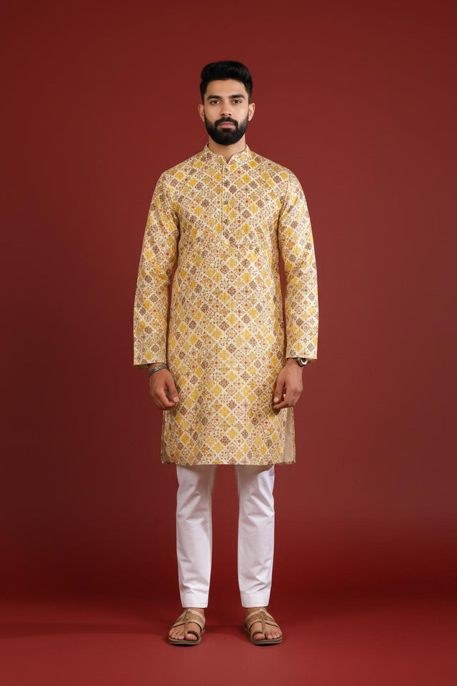 Mens Mustard Printed Art Silk Kurta Set (ACA9622)