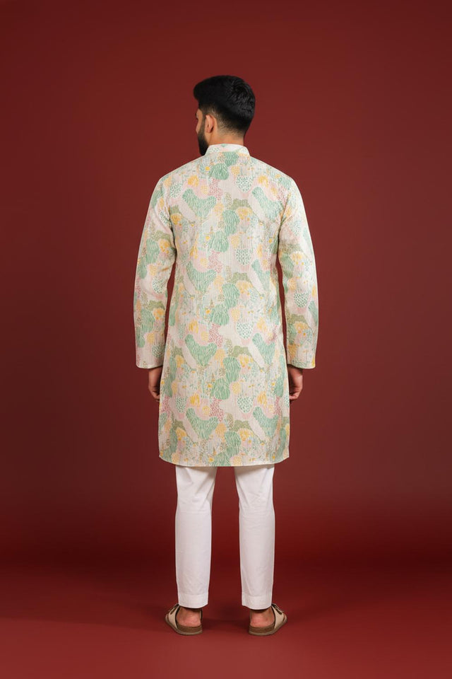 Mens Multi Color Printed Art Silk Kurta Set (ACA9623)