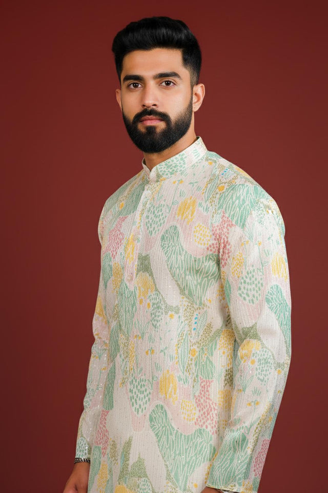 Mens Multi Color Printed Art Silk Kurta Set (ACA9623)