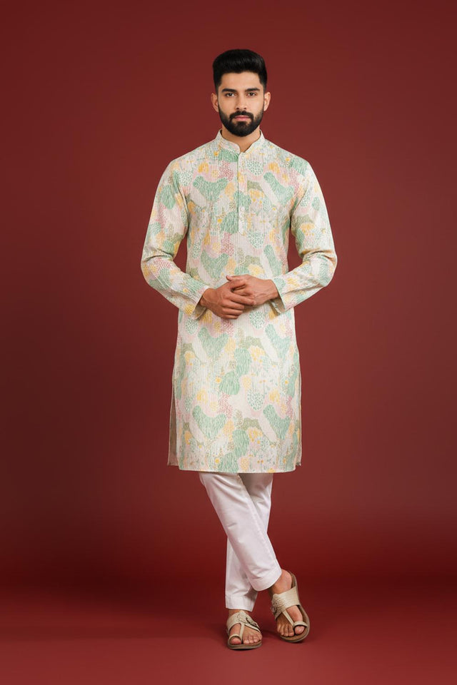 Mens Multi Color Printed Art Silk Kurta Set (ACA9623)