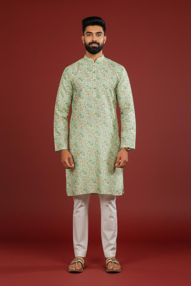 Mens Green Printed Art Silk Kurta Set (ACA9625)