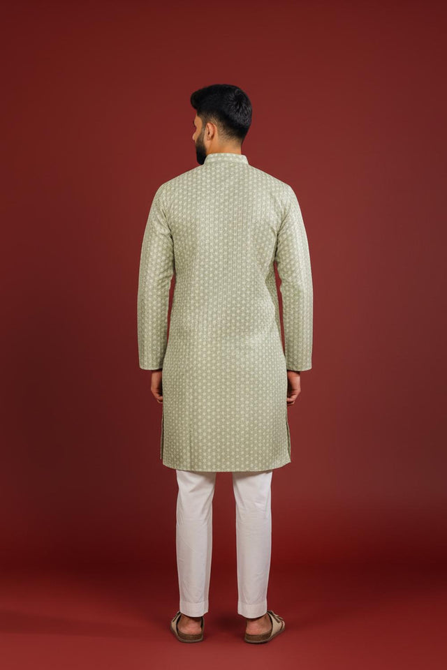 Mens Green Printed Art Silk Kurta Set (ACA9626)