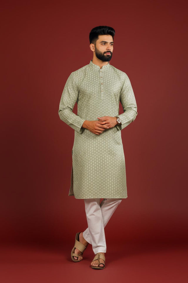 Mens Green Printed Art Silk Kurta Set (ACA9626)