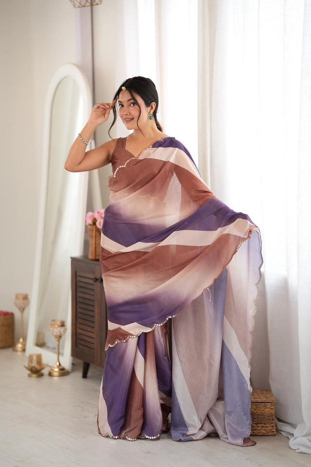 Brown Printed with Mirror Border Chinon Saree (ACA9629)