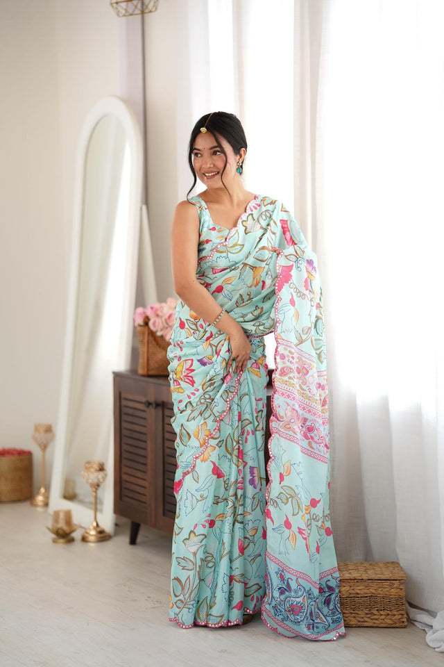 Sea Green Floral Printed with Mirror Border Chinon Saree (ACA9630)