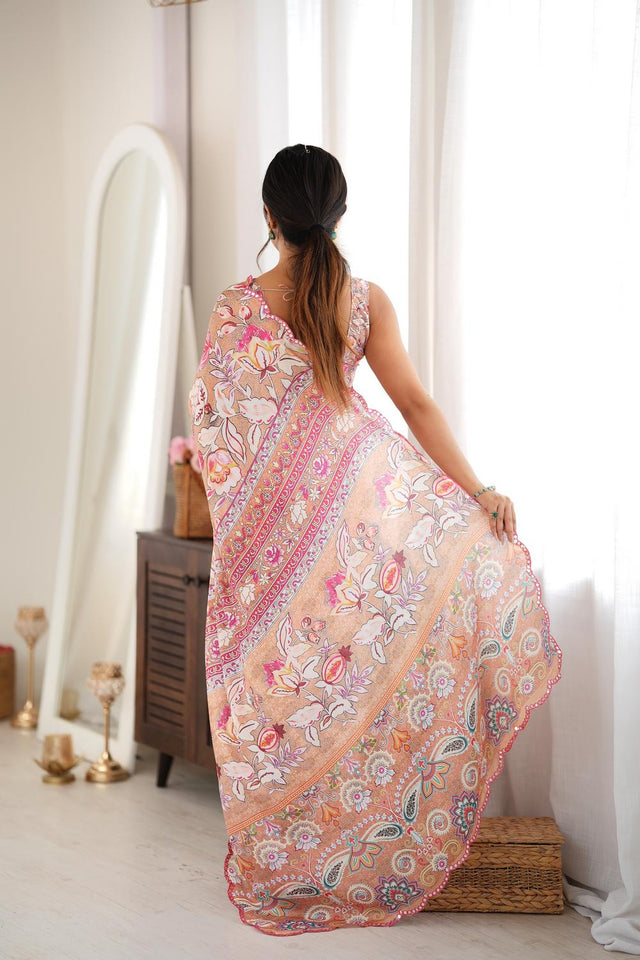 Peach Floral Printed with Mirror Border Chinon Saree (ACA9631)