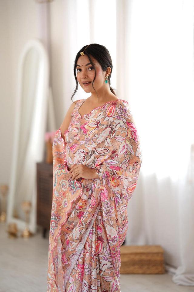 Peach Floral Printed with Mirror Border Chinon Saree (ACA9631)